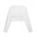 Women Round Neck Long Sleeve Cropped Shirt Elegant Curved Hem Button Up Top Solid Color Polyester Blouse For Spring Autumn Daily Dating Party Outfits