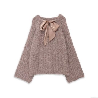 Women's Autumn Winter Long Sleeve Knit Sweater With Satin Bow Decoration Solid Color Round Neck Pullover Streetwear Casual Loose Fit Top