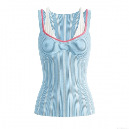 Women's Fashion Faux Two-Piece Knit Vest Striped Ribbed Sleeveless T-Shirt Pink Contrast Edging Round Neck Polyester Casual Tank Top For Ladies