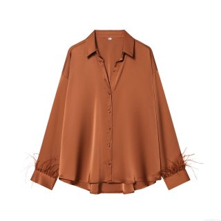 Women Elegant Satin Shirt With Feather Cuffs Lapel Single Breasted Long Sleeve Blouse Caramel Solid Color Streetwear Top Autumn Fashion Clothing