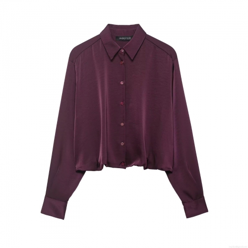 Women Satin Shirt Long Sleeve Lapel Single Breasted Glossy Solid Color Top Blouse Casual Streetwear Elegant Purple Silk-like Shirt