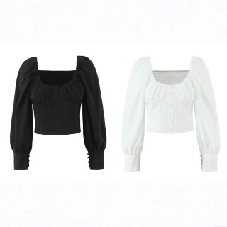 Women Vintage Square Neck Puff Sleeve Blouse Smocked Bodice Decorative Buttons Slim Fit Polyester Rayon Cotton Top French Style Shirt