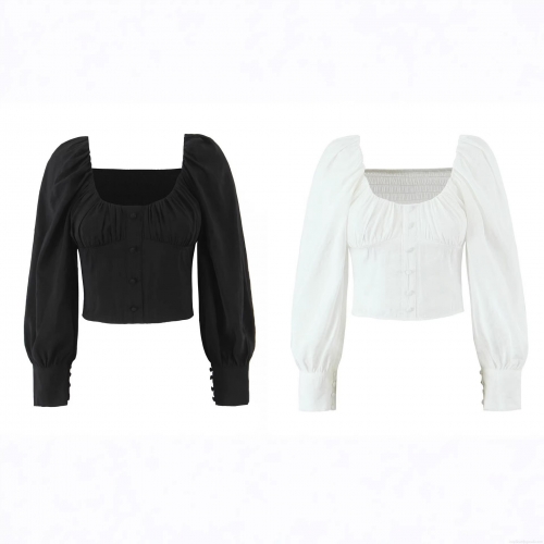 Women Vintage Square Neck Puff Sleeve Blouse Smocked Bodice Decorative Buttons Slim Fit Polyester Rayon Cotton Top French Style Shirt