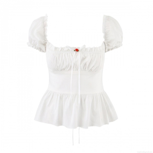 Women's White Puff Sleeve Blouse Polyester French Vintage Square Neck Slim Fit Peplum Top With Red Rose Bow Detail Back Lace Up Summer Cottagecore Shirt