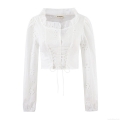 Women White Cotton Hollow Out Embroidery Lace-up Blouse Square Neck Ruffle Cropped Shirt Puff Sleeve Vintage Bohemian Summer Top