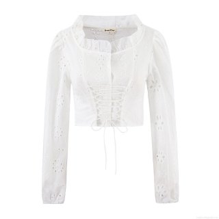 Women White Cotton Hollow Out Embroidery Lace-up Blouse Square Neck Ruffle Cropped Shirt Puff Sleeve Vintage Bohemian Summer Top
