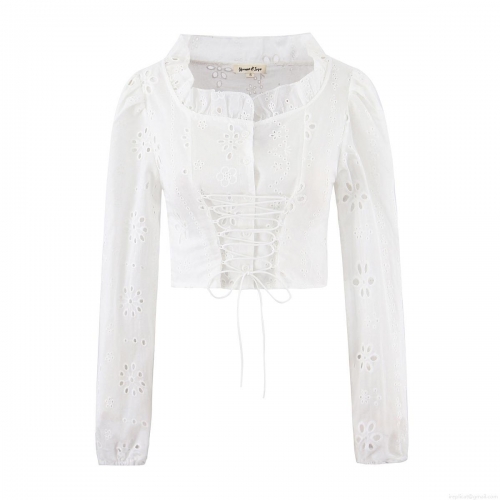 Women White Cotton Hollow Out Embroidery Lace-up Blouse Square Neck Ruffle Cropped Shirt Puff Sleeve Vintage Bohemian Summer Top