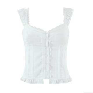 Women French Vintage Square Neck Camisole White Cotton Blend Ruffle Lace Trim Button Down Smocked Back Crop Top for Summer Vacation