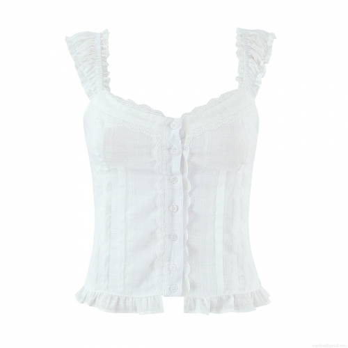 Women French Vintage Square Neck Camisole White Cotton Blend Ruffle Lace Trim Button Down Smocked Back Crop Top for Summer Vacation