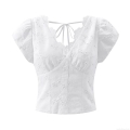 Women's French Vintage V-Neck Bubble Sleeve Cotton Blouse Top White Floral Embroidered Lace Back Zipper Smocked Shirt For Summer Daily Dating