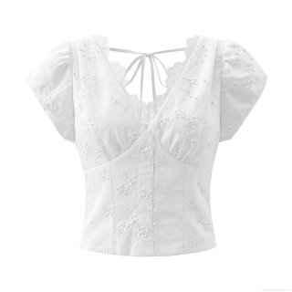 Women's French Vintage V-Neck Bubble Sleeve Cotton Blouse Top White Floral Embroidered Lace Back Zipper Smocked Shirt For Summer Daily Dating