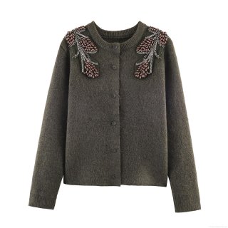 Women's Fashion Round Neck Knit Cardigan Jacket Hand-Beaded Leaf Patterns Cotton Blend Loose Long Sleeve Sweater Outerwear Streetwear