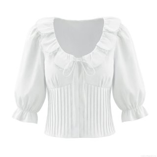 Women's French Retro White Blouse Cotton Blend Lace Patchwork Pleated Smocking Square Neck Puff Sleeves Bow Tie Casual Summer Shirt Tops