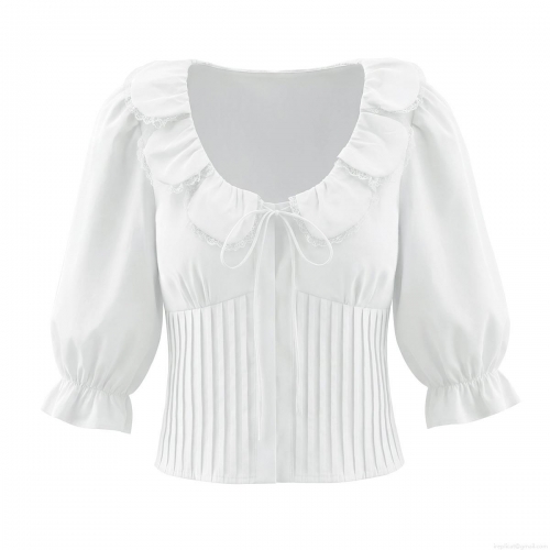 Women's French Retro White Blouse Cotton Blend Lace Patchwork Pleated Smocking Square Neck Puff Sleeves Bow Tie Casual Summer Shirt Tops