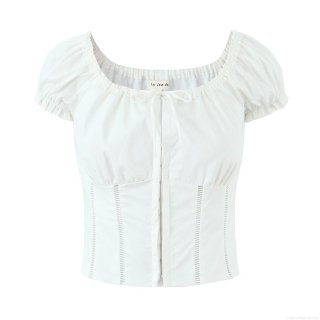 Women White Cotton Lace Blouse Hollow Out Puff Sleeve Crop Top French Vintage Square Neck Lace-up Shirt For Summer Casual Dating