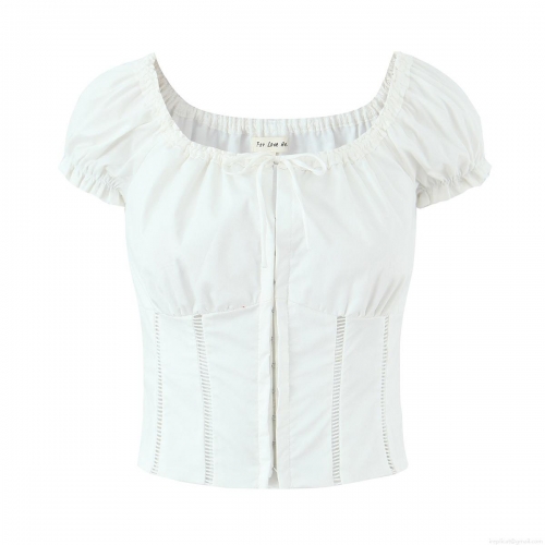 Women White Cotton Lace Blouse Hollow Out Puff Sleeve Crop Top French Vintage Square Neck Lace-up Shirt For Summer Casual Dating