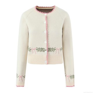 Women's Cotton Blend Knit Cardigan Sweater With Pink Scalloped Edge Pink Bow Green Leaf Jacquard Round Neck Single Breasted Long Sleeve Streetwear Sweet Cute Fashion Top