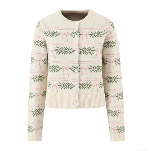Women's Casual European Style Cotton Blend Knit Cardigan Sweater Round Neck Single-Breasted Long Sleeve Embroidered Pink Bow Green Leaf Pattern Sweet Top