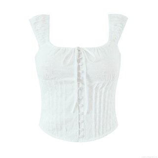 Women's Elegant Cotton Broderie Anglaise Corset Top Square Neck Eyelet Embroidery Slim Fit Smocked Cami Top White Summer Sleeveless Vest With Buttons