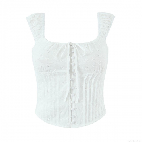 Women's Elegant Cotton Broderie Anglaise Corset Top Square Neck Eyelet Embroidery Slim Fit Smocked Cami Top White Summer Sleeveless Vest With Buttons