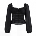 Women Vintage Square Neck Blouse Lace Chiffon Patchwork Ruffle Hem Long Lantern Sleeve Slim Fit Corset Style Gothic Party Top For Lady