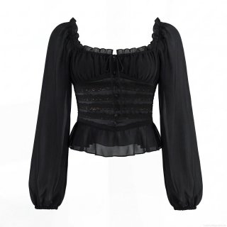 Women Vintage Square Neck Blouse Lace Chiffon Patchwork Ruffle Hem Long Lantern Sleeve Slim Fit Corset Style Gothic Party Top For Lady