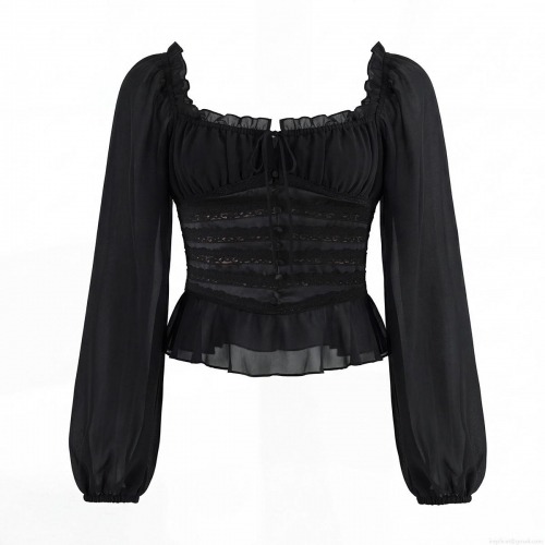 Women Vintage Square Neck Blouse Lace Chiffon Patchwork Ruffle Hem Long Lantern Sleeve Slim Fit Corset Style Gothic Party Top For Lady