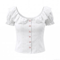 Women's French Vintage Eyelet Embroidery White Blouse Ruffled Lace Collar Puff Sleeve Slim Fit Crop Top With Red Gingham Buttons For Summer Casual Party