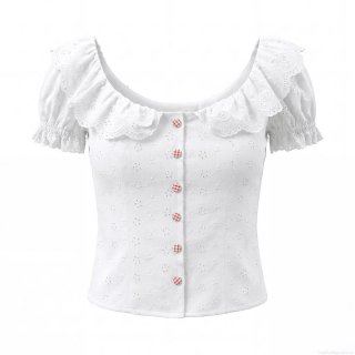 Women's French Vintage Eyelet Embroidery White Blouse Ruffled Lace Collar Puff Sleeve Slim Fit Crop Top With Red Gingham Buttons For Summer Casual Party