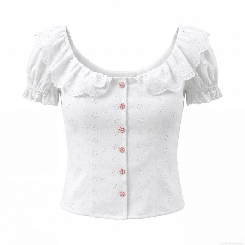 Women's French Vintage Eyelet Embroidery White Blouse Ruffled Lace Collar Puff Sleeve Slim Fit Crop Top With Red Gingham Buttons For Summer Casual Party