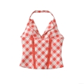 Fashionable Women Halter Top Retro Red White Gingham Lace-up V-neck Backless Corset Bustier Crop Top Summer Vacation Streetwear Polyester Plaid Tank Top With Metal Zipper