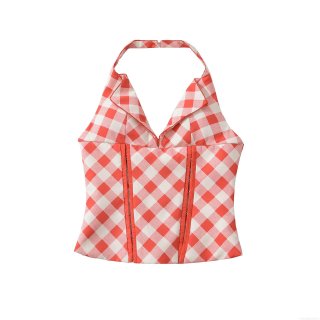 Fashionable Women Halter Top Retro Red White Gingham Lace-up V-neck Backless Corset Bustier Crop Top Summer Vacation Streetwear Polyester Plaid Tank Top With Metal Zipper