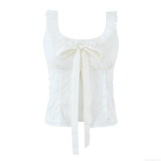 Women's White Lace Trim Camisole Polyester Bow Tie Sleeveless Tank Top French Sweet Style Slim Fit Vest For Summer Party Dating