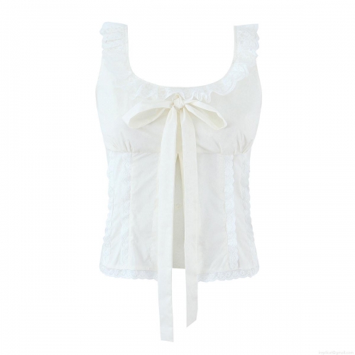 Women's White Lace Trim Camisole Polyester Bow Tie Sleeveless Tank Top French Sweet Style Slim Fit Vest For Summer Party Dating