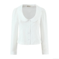 Women's Peter Pan Collar Cotton Shirt Elegant Single Breasted Long Sleeve Slim Fit Blouse For Work Daily Casual White Streetwear Top