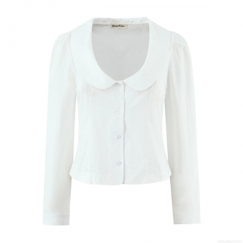 Women's Peter Pan Collar Cotton Shirt Elegant Single Breasted Long Sleeve Slim Fit Blouse For Work Daily Casual White Streetwear Top