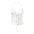 Women's Sexy Halter Neck Corset Top White Satin Lace Up Bustier Crop Top Body Shaping Backless Tank Top For Party Clubwear Streetwear