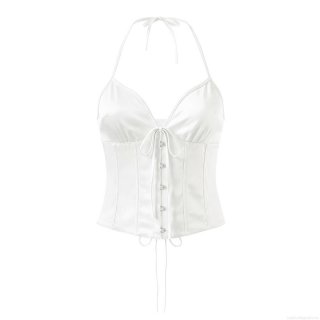 Women's Sexy Halter Neck Corset Top White Satin Lace Up Bustier Crop Top Body Shaping Backless Tank Top For Party Clubwear Streetwear