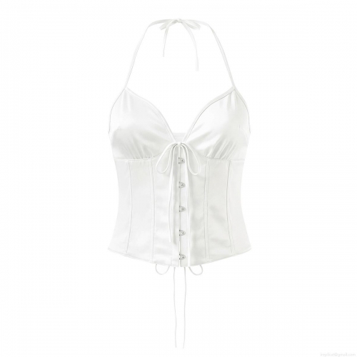 Women's Sexy Halter Neck Corset Top White Satin Lace Up Bustier Crop Top Body Shaping Backless Tank Top For Party Clubwear Streetwear