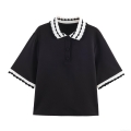 Women Summer Casual Short Sleeve Polo Shirt Scalloped Trim Contrast Color Knit Top Fashion Daily Shirt