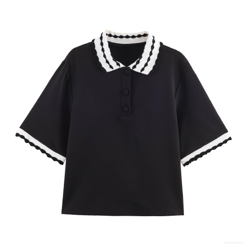 Women Summer Casual Short Sleeve Polo Shirt Scalloped Trim Contrast Color Knit Top Fashion Daily Shirt