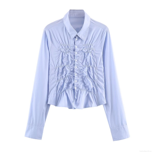 Women's Slim Fit Ruched Poplin Shirt Long Sleeve Button Down Lapel Blouse Elegant Pale Blue Casual Office Streetwear Top