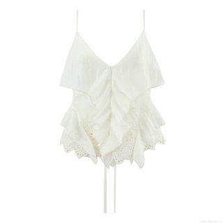 Women's White V Neck Camisole Polyester Ruffle Eyelet Embroidery Top Summer Casual Sleeveless Button Tie Hem Tank Top Western Style Fashion Lady