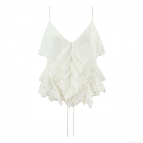 Women's White V Neck Camisole Polyester Ruffle Eyelet Embroidery Top Summer Casual Sleeveless Button Tie Hem Tank Top Western Style Fashion Lady