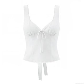 Women's Slim Fit Lace V-Neck Camisole White Cotton Blend Tank Top With Bow Tie Front And Back Zipper Sleeveless Vest For Summer Casual Daily Wear