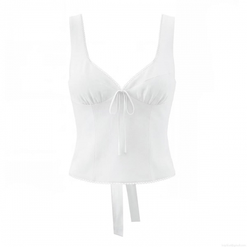 Women's Slim Fit Lace V-Neck Camisole White Cotton Blend Tank Top With Bow Tie Front And Back Zipper Sleeveless Vest For Summer Casual Daily Wear