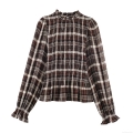 Vintage Plaid Smocked Blouse Women Mock Neck Ruffle Long Sleeve Polyester Gingham Top Slim Fit Casual Streetwear Shirts For Ladies