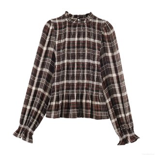 Vintage Plaid Smocked Blouse Women Mock Neck Ruffle Long Sleeve Polyester Gingham Top Slim Fit Casual Streetwear Shirts For Ladies