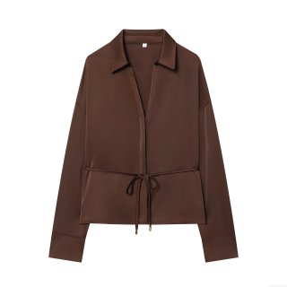 Women's Satin Blouse Shirt Elegant Long Sleeve Button Down Top With Belt Casual Loose Silk Texture POLO Neck Shirt For Women Office Daily Wear Wine Red