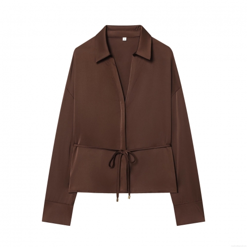 Women's Satin Blouse Shirt Elegant Long Sleeve Button Down Top With Belt Casual Loose Silk Texture POLO Neck Shirt For Women Office Daily Wear Wine Red